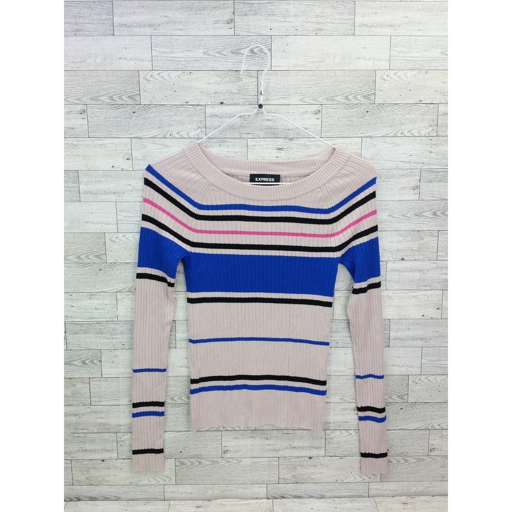 Y2K Express Womens Striped Ribbed Knit Fitted Top Sz XS New England Preppy Pink